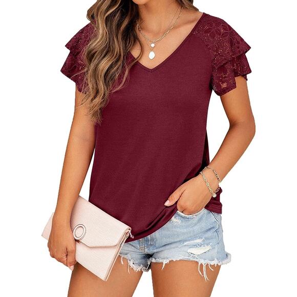 FREEOAK Summer Tops Double Lace Sleeve Shirt Size XL Red wine In Color - Picture 1 of 4